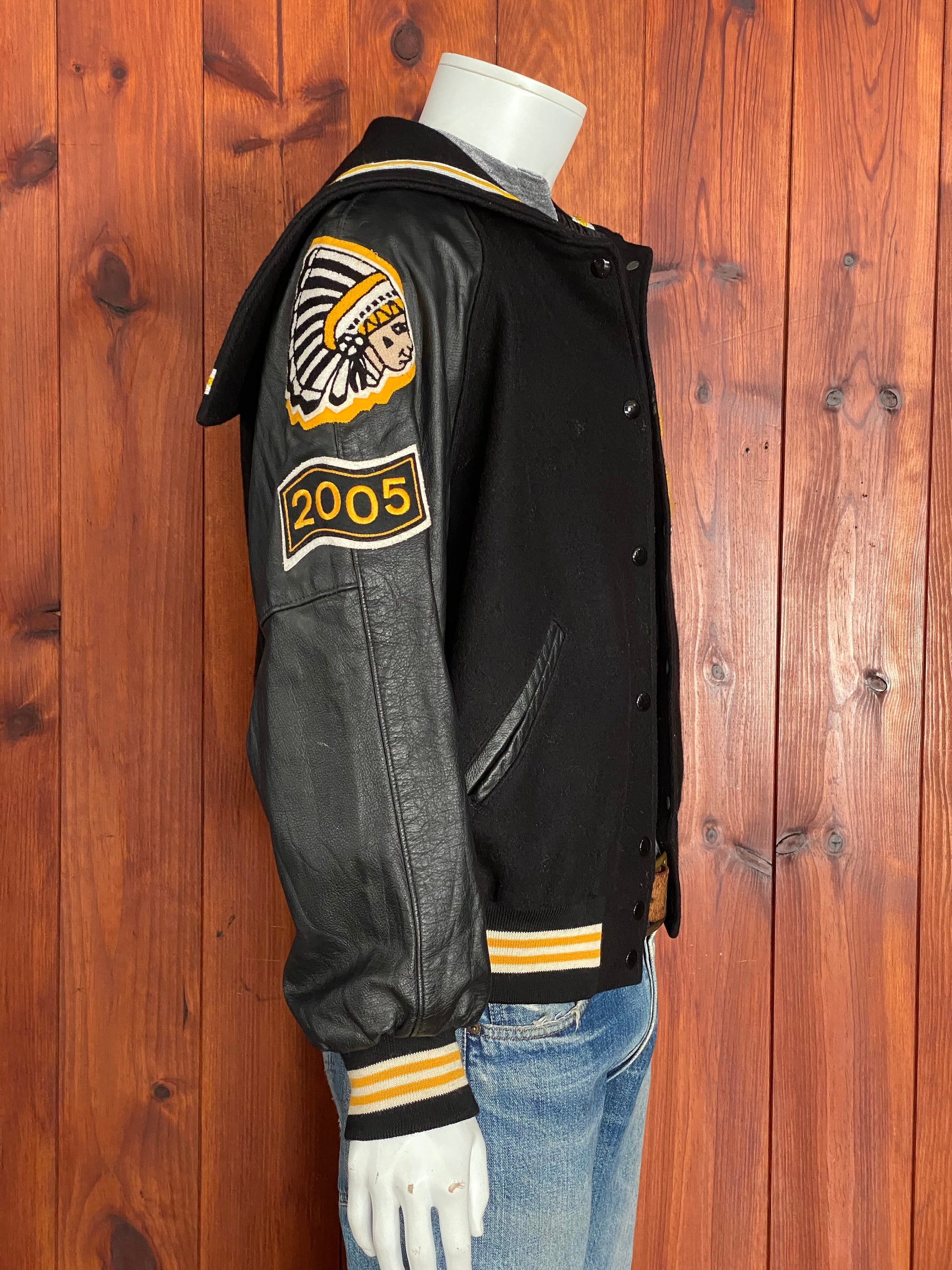 Vintage Holloway varsity jacket women XL black wool and leather made in USA AJ357 Studio