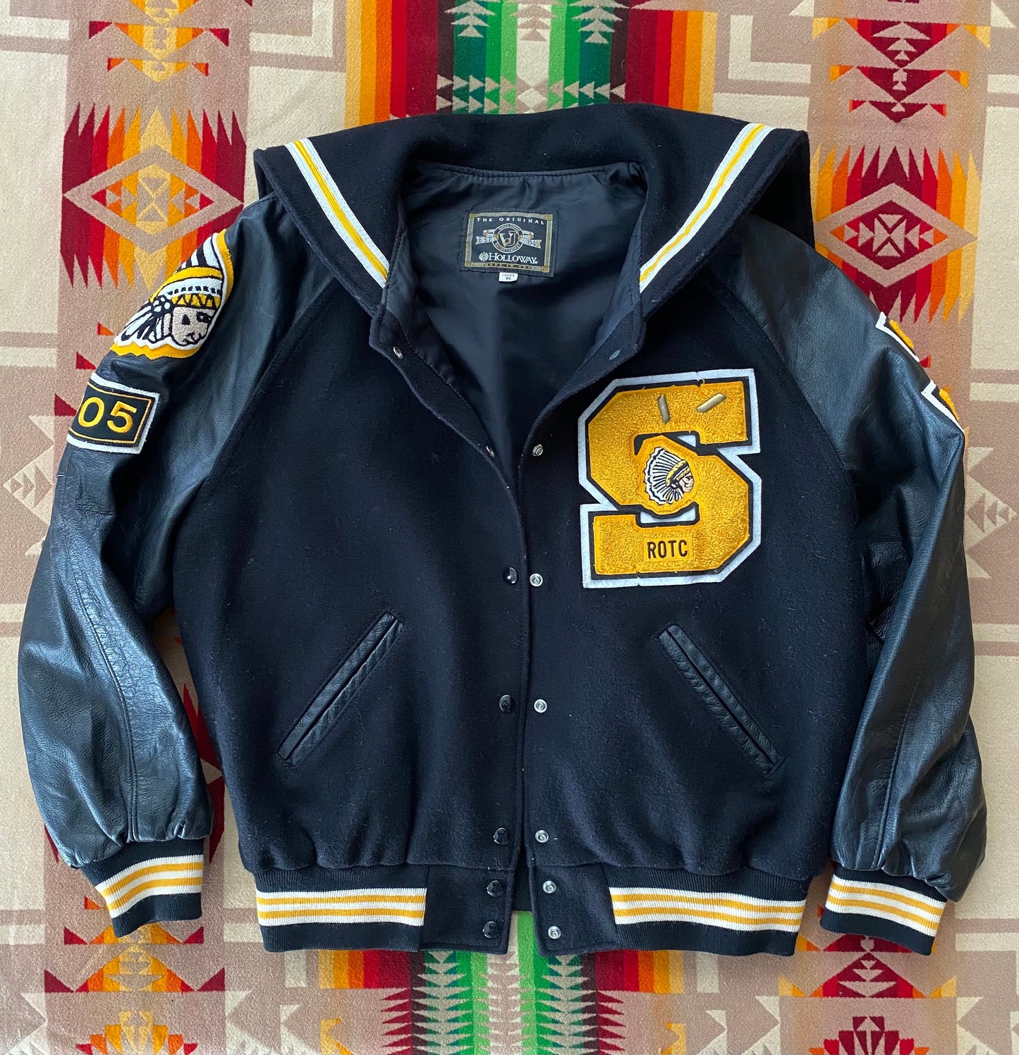 Vintage Holloway varsity jacket women XL black wool and leather made in USA AJ357 Studio