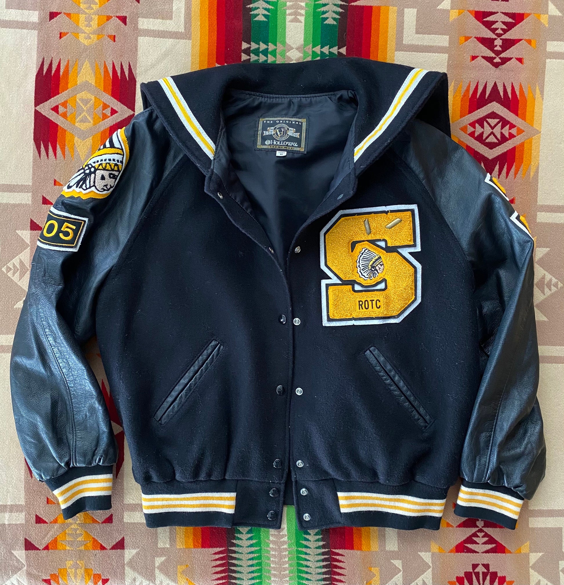 Vintage Holloway varsity jacket women XL black wool and leather made in USA AJ357 Studio