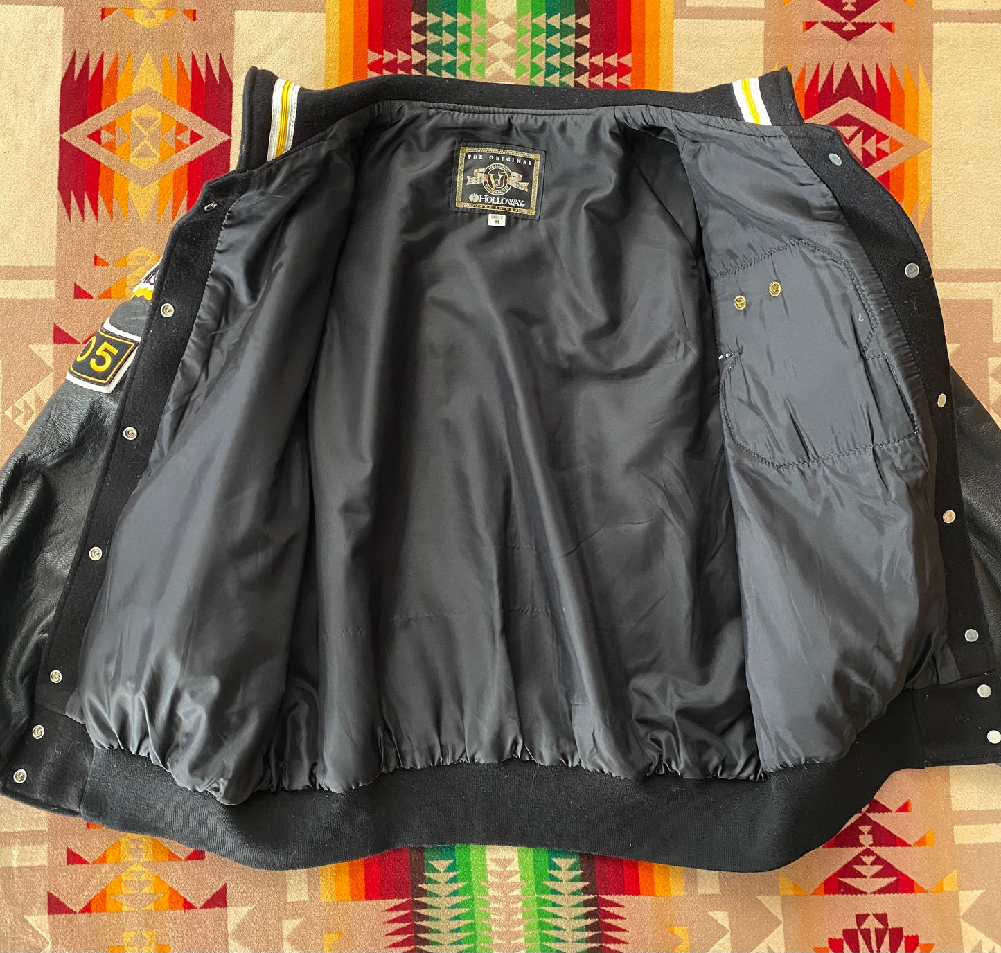 Vintage Holloway varsity jacket women XL black wool and leather made in USA AJ357 Studio