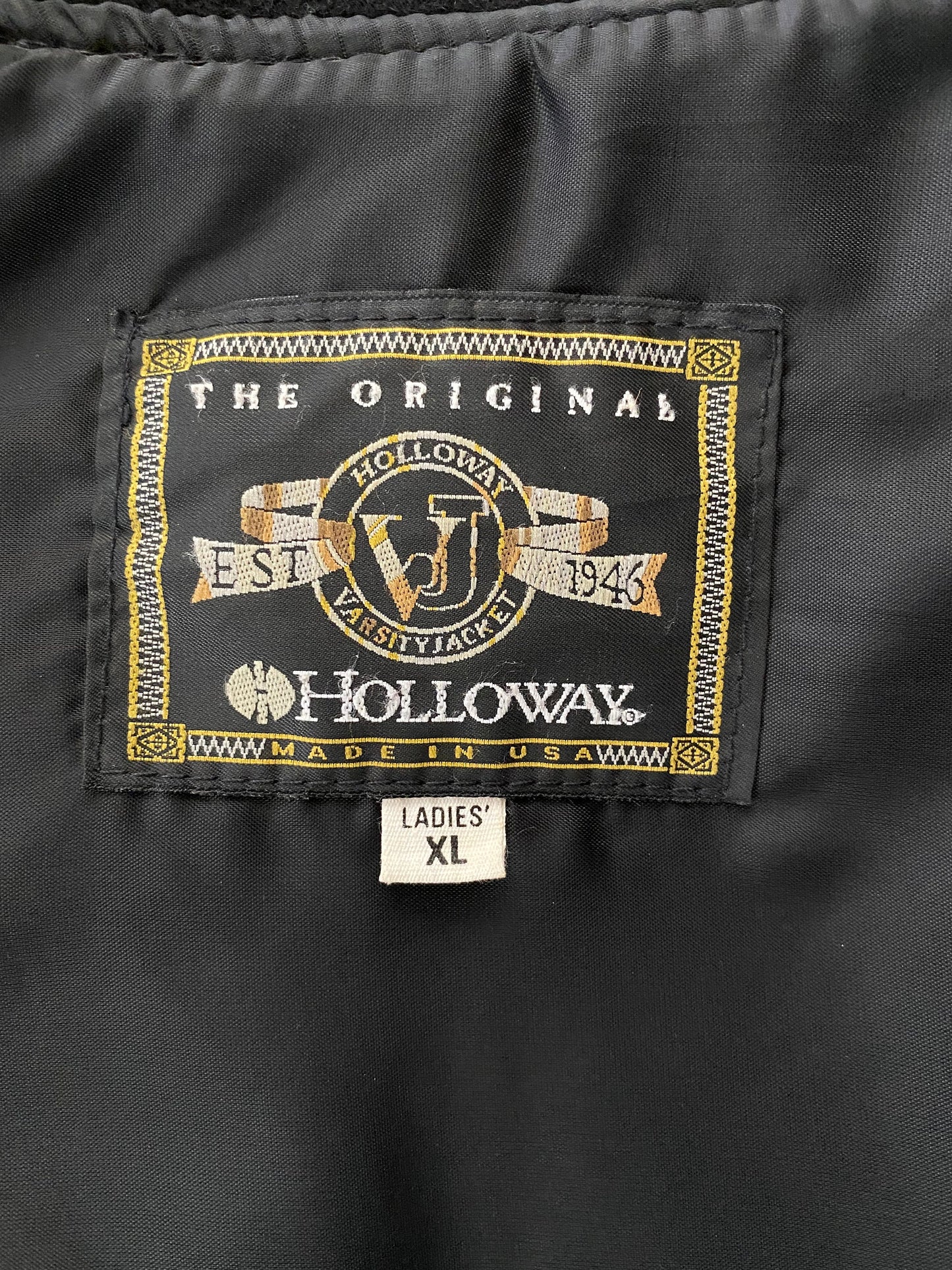 Vintage Holloway varsity jacket women XL black wool and leather made in USA AJ357 Studio