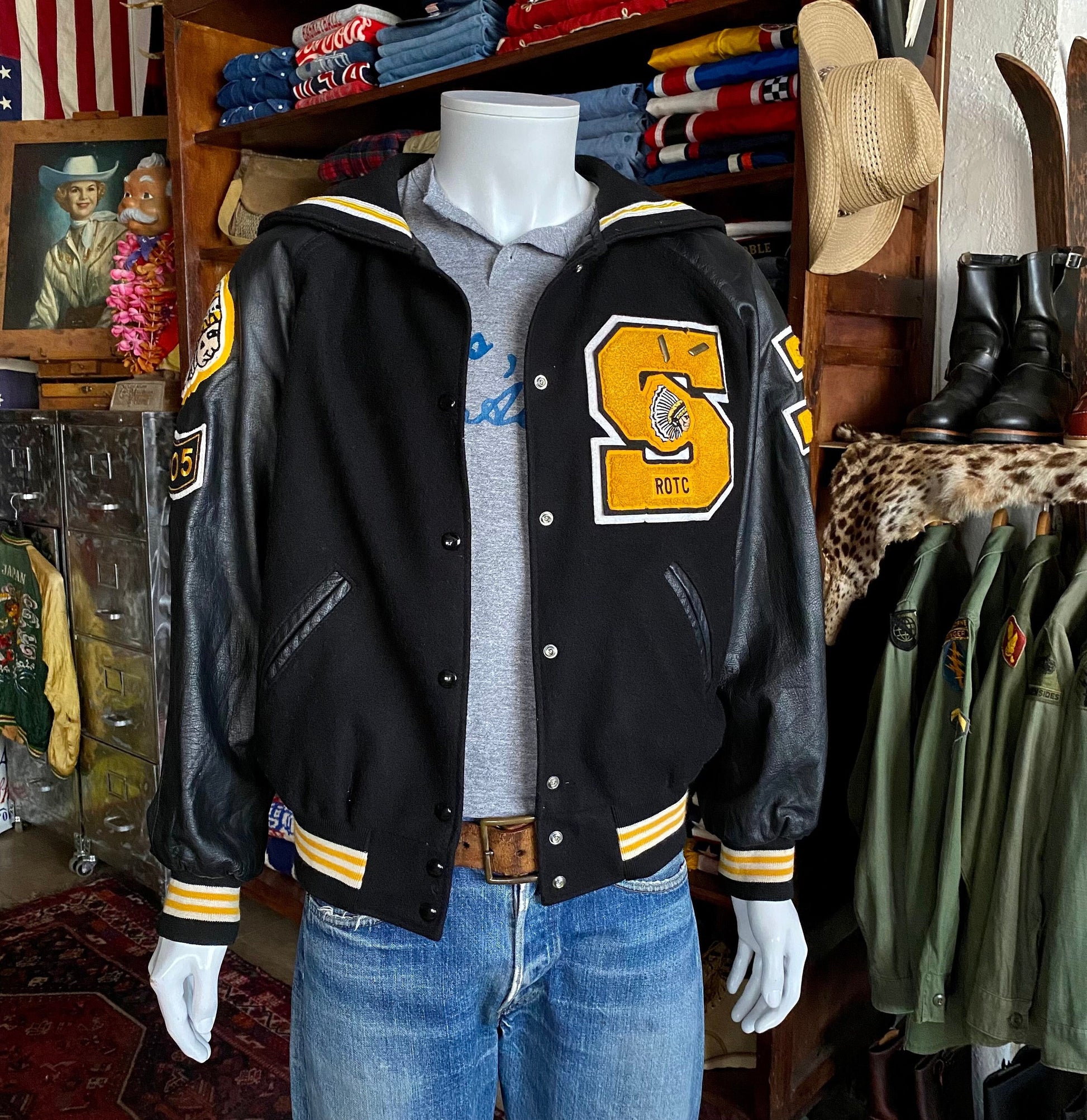 Vintage Holloway varsity jacket women XL black wool and leather made in USA AJ357 Studio