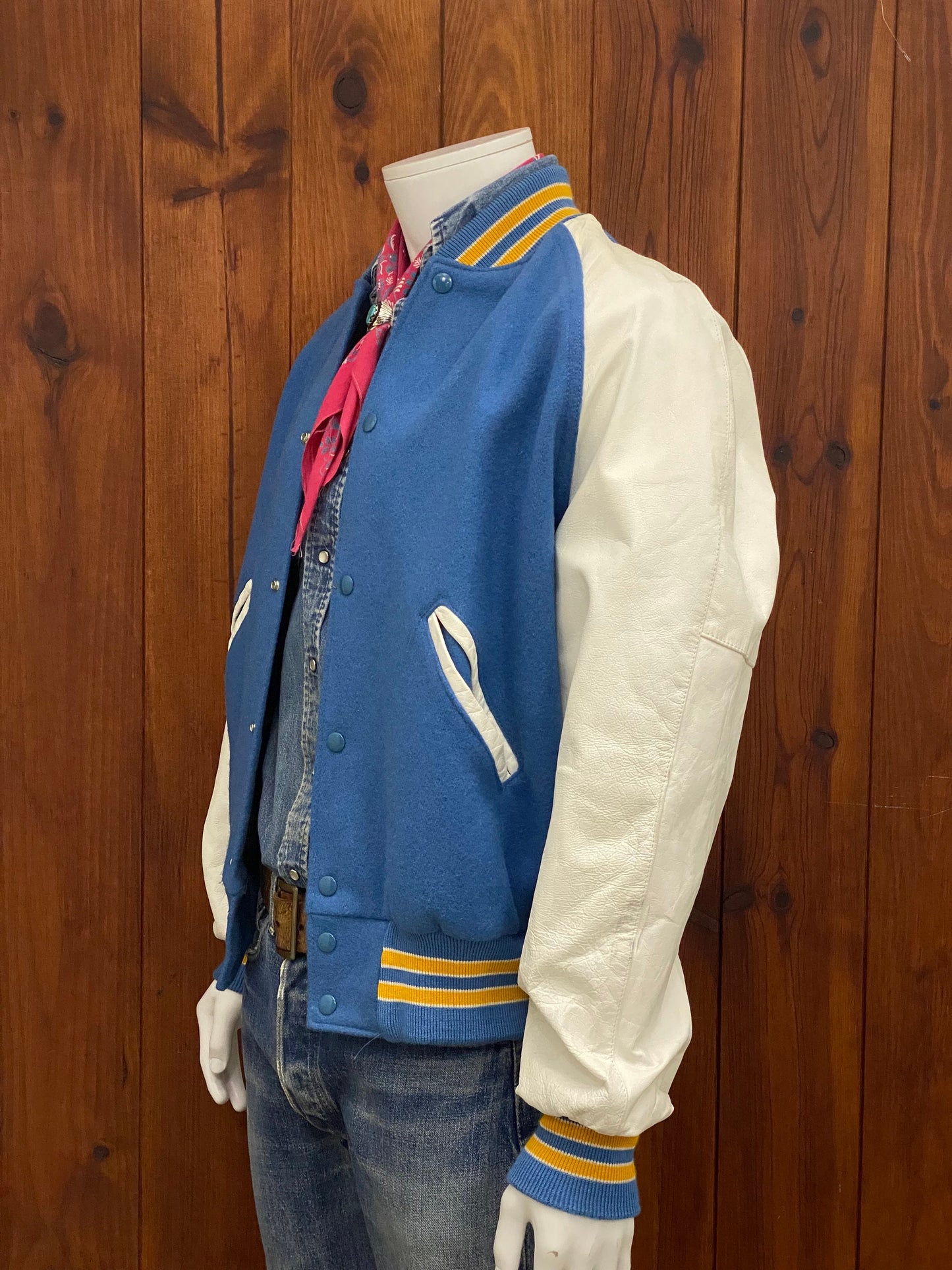 Size Medium. Leather sleeve  Vintage 90s Varsity  jacket Made In USA