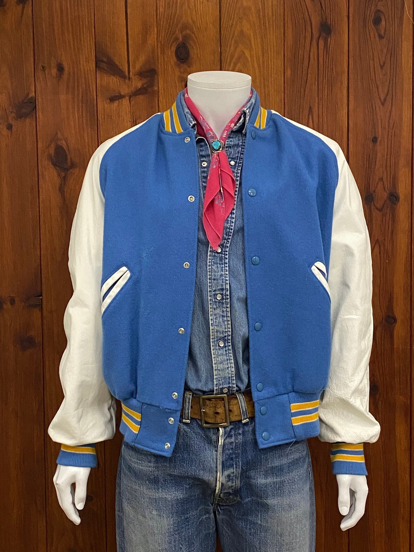 Size Medium. Leather sleeve  Vintage 90s Varsity  jacket Made In USA
