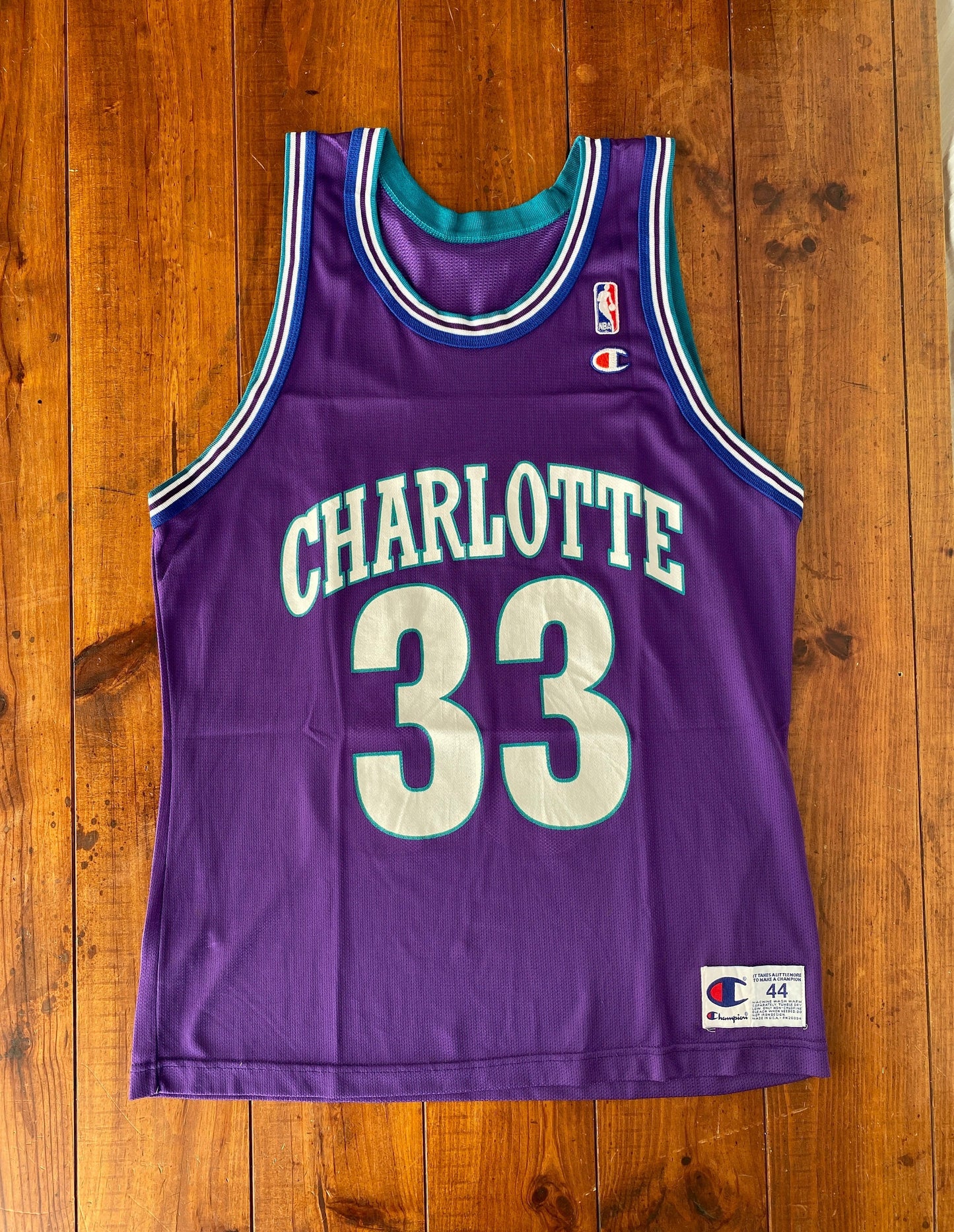 Size 44 Vintage 90s Champion A. Mourning #33 Charlotte Hornets NBA Jersey Made In USA