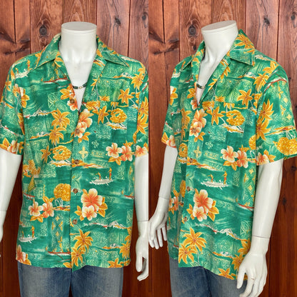 Large tall. Vintage 70s Hawaiian satin cotton shirt-AJ357 Studio