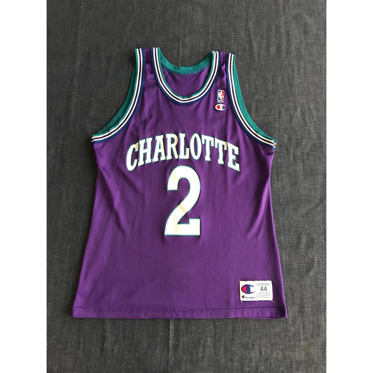 Rare Vintage Champion NBA Charlotte Hornets L. Johnson #2 Basketball Jersey with Iron-On NBA Logo
